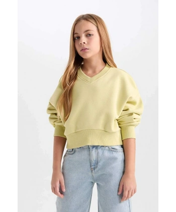 Defacto Cropped Fit V Yaka Basic Düz Sweatshirt Kız Çocuk
