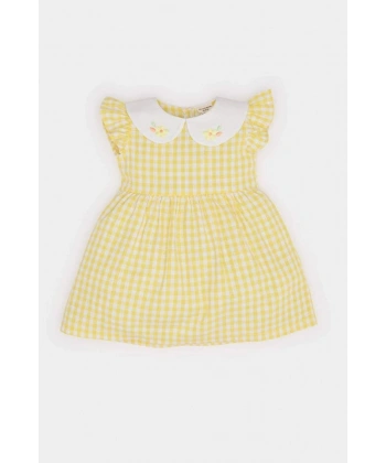 Defacto Kız Bebek Bebe Yaka Kareli Kısa Kollu Poplin Yazlık Elbise