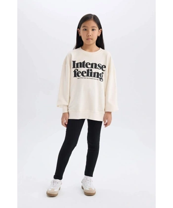 Defacto Kız Çocuk 2li Takım Baskılı Sweatshirt Basic Düz Uzun Tayt