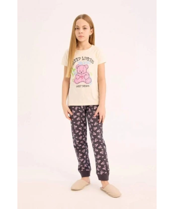 Defacto Kız Çocuk Bisiklet Yaka Baskılı Kısa Kollu Pijama Takımı