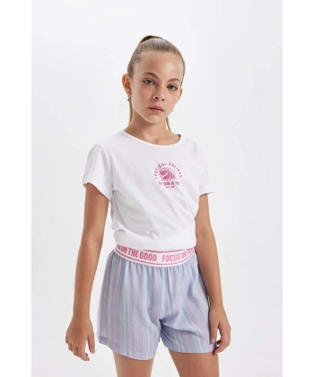 Defacto Kız Çocuk Pijama Takımı Baskılı Kısa Kollu Üst Şort