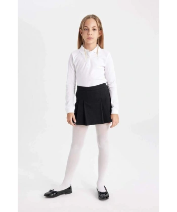 Defacto Kız Çocuk Siyah Basic Düz Beli Lastikli Pileli Twill Okul Eteği