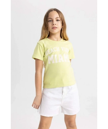 Defacto Kız Çocuk Slim Fit Dar Kesim Bisiklet Yaka Baskılı Fitilli Kaşkorse Tişört