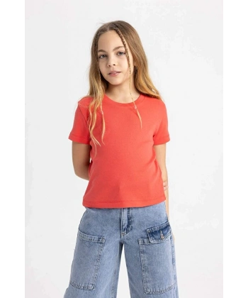 Defacto Kız Çocuk Slim Fit Dar Kesim Bisiklet Yaka Kısa Kollu Tişört