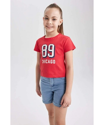 Defacto Kız Çocuk Slim Fit Ribana Baskılı Kısa Kollu Tişört