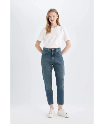 Defacto Mom Fit Yüksek Bel Rahat Kalıp Bilek Boy Jean Yıkamalı Pantolon