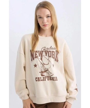 Defacto Oversize Geniş Kalıp Bisiklet Yaka Baskılı Kalın Sweatshirt