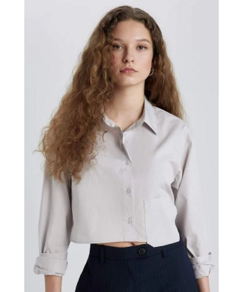 Defacto Oversize Geniş Kalıp Crop Poplin Uzun Kollu Gömlek