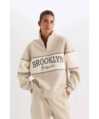 DeFacto Oversize Geniş Kalıp Dik Yaka Fermuarlı Kalın Sweatshirt