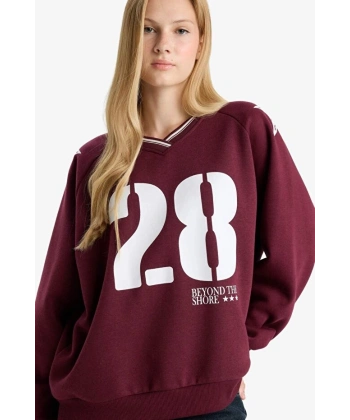 Defacto Oversize Geniş Kalıp V Yaka Baskılı Kalın Sweatshirt