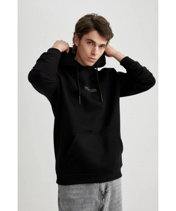 DEFACTO Regular Fit Kapüşonlu Baskılı Kanguru Cepli Sweatshirt