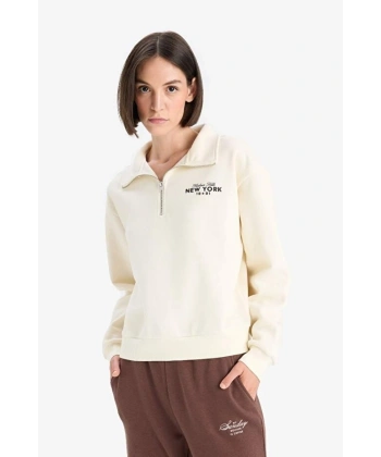 Defacto Regular Fit Yarım Fermuarlı Baskılı Kalın Sweatshirt