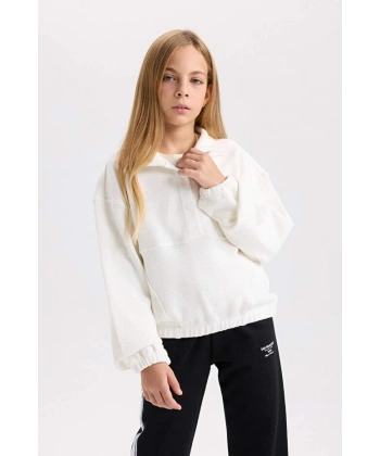 Defacto Relax Fit Çıtçıtlı Dik Yaka Basic Düz Sweatshirt Kız Çocuk