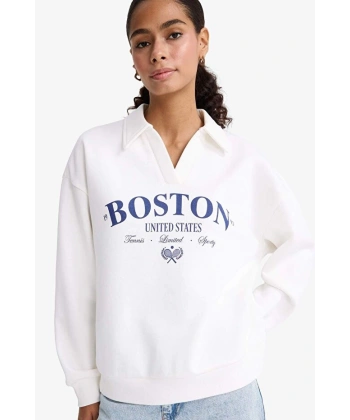 Defacto Relax Fit Polo Yaka Baskılı Kalın Sweatshirt