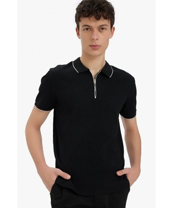 Defacto Slim Fit Dar Kesim Kısa Kollu Fitilli Kaşkorse Yarım Fermuarlı Siyah Polo Tişört