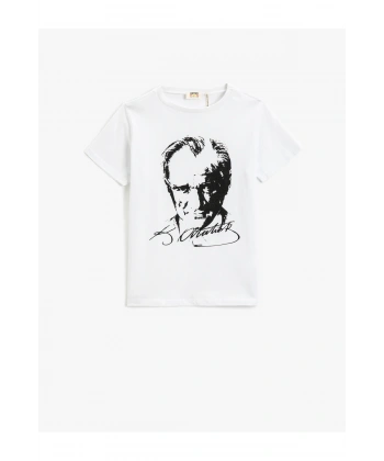 KOTON Atatürk Baskılı Kısa Kollu Tişört Bisiklet Yaka Pamuklu