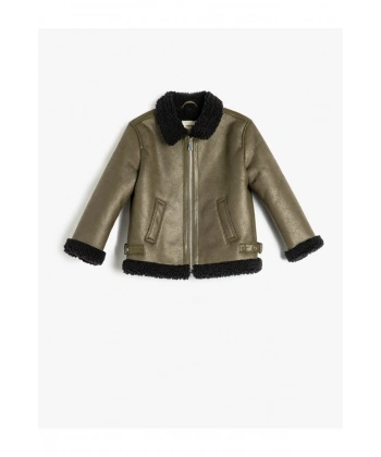 Koton Biker Ceket Suni Deri Peluş Detaylı