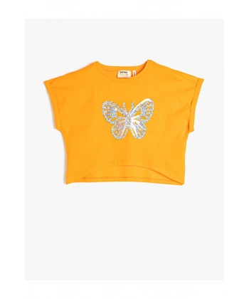 Koton Crop Tişört Oversize Kısa Kollu Pul Payet İşlemeli Pamuklu
