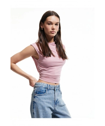 Koton Drapeli Dik Yaka Kolsuz Crop Slim Fit Üst
