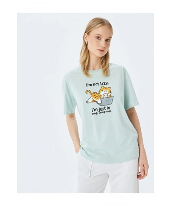 Koton Kadın Kedi Baskılı Bisiklet Yaka Mint Yeşili Kadın T-Shirt