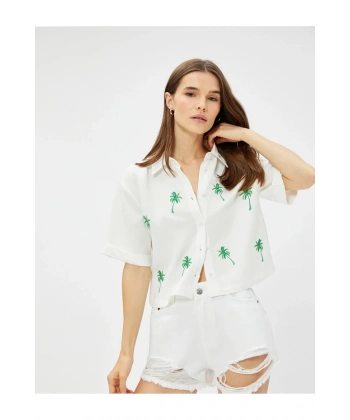 Koton Kadın Keten Karışımlı Palmiye Işlemeli Crop Gömlek