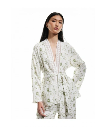Koton Kadın Pamuklu Floral İşlemeli Kruvaze Oversize Kimono Ceket