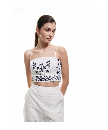 Koton Kadın Slim Fit Pamuklu Etnik Desenli İnce Askılı Crop Büstiyer