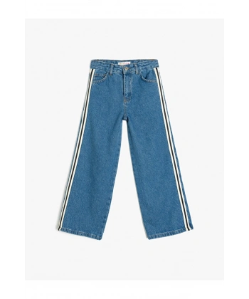 Koton Kız Çocuk Şerit Detaylı Pamuklu Bol Paça Denim Pantolon