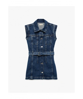 Koton Pamuklu Kemer Detaylı Gömlek Yaka Denim Elbise