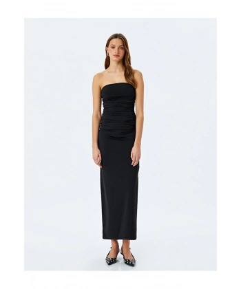 Koton Slim Fit Drapeli Midi Boy Straplez Elbise