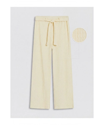 LC Waikiki Ekru Geniş Paça Kız Çocuk Dokulu Pantolon