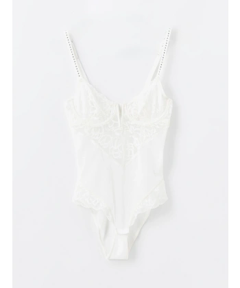 LC Waikiki Ekru V Yaka Taş Baskılı Askılı Bodysuit