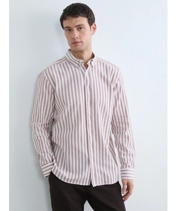 LC Waikiki Kahverengi Regular Fit Çizgili Erkek Gömlek