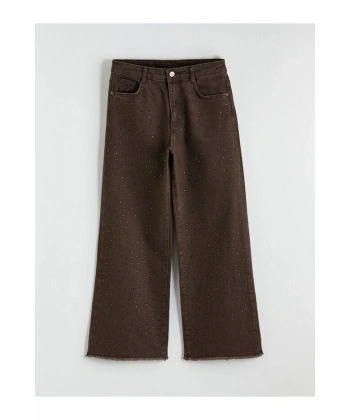 LC Waikiki Kahverengi Wideleg Taşlı Kız Çocuk Jean Pantolon
