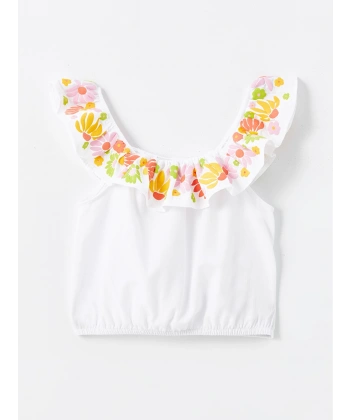 LC Waikiki Kız Çocuk Beyaz Kayık Yaka Çiçekli Crop Bluz