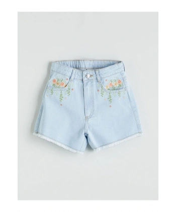 LC Waikiki Kız Çocuk Çiçek Nakışlı Jean Şort