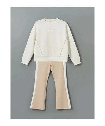 LC Waikiki Kız Çocuk Ekru Bisiklet Yaka Sweatshirt ve Tayt