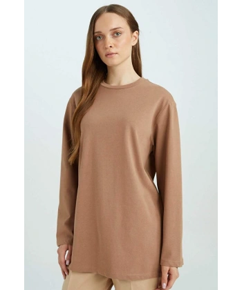 DE FACTO Regular Fit Bisiklet Yaka Basic Düz Uzun Kollu Tişört Tunik