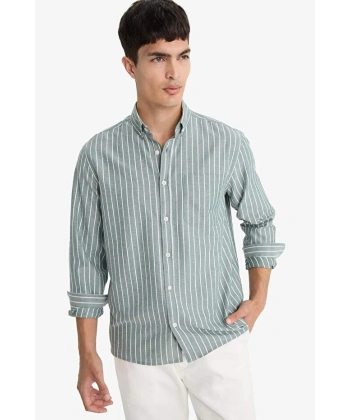 DEFACTO Erkek Regular Fit Polo Yaka Dokuma Uzun Kollu Çizgili Gömlek