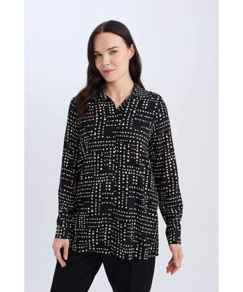 Defacto Kadın Loose Fit Gömlek Yaka Desenli Uzun Kollu Gömlek Tunik