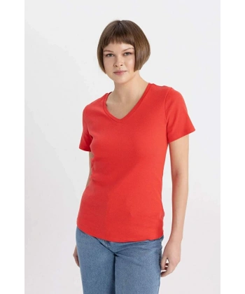 Defacto Kadın Slim Fit Dar Kesim V Yaka Ribana Basic Düz Kısa Kollu Tişört