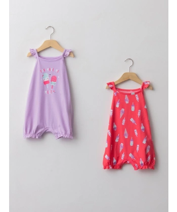 LC Waikiki Pembe Kare Yaka Askılı Baskılı Kız Bebek Tulum 2li