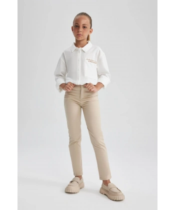 DEFACTO Kız Çocuk Bej Slim Fit Okul Pantolonu