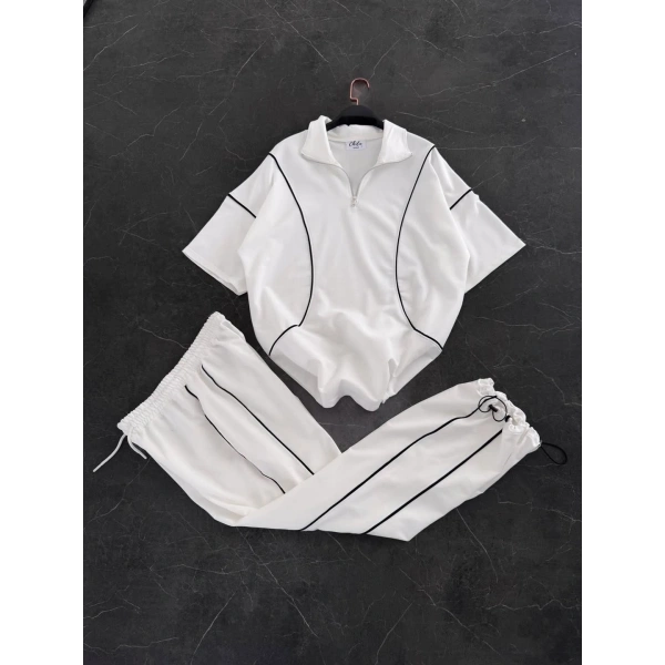 İkili Polo Yaka Eşofman Takım Beyaz