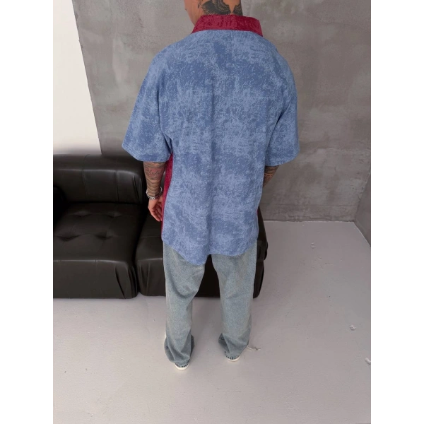 Yıkamalı Oversize Polo Yaka Tshirt Mavi