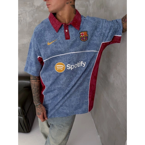 Yıkamalı Oversize Polo Yaka Tshirt Mavi