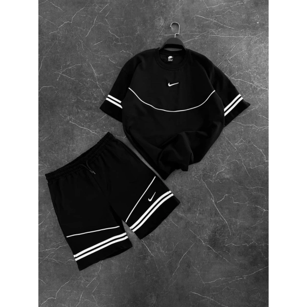 Çift Şerit Şortlu Takım Siyah