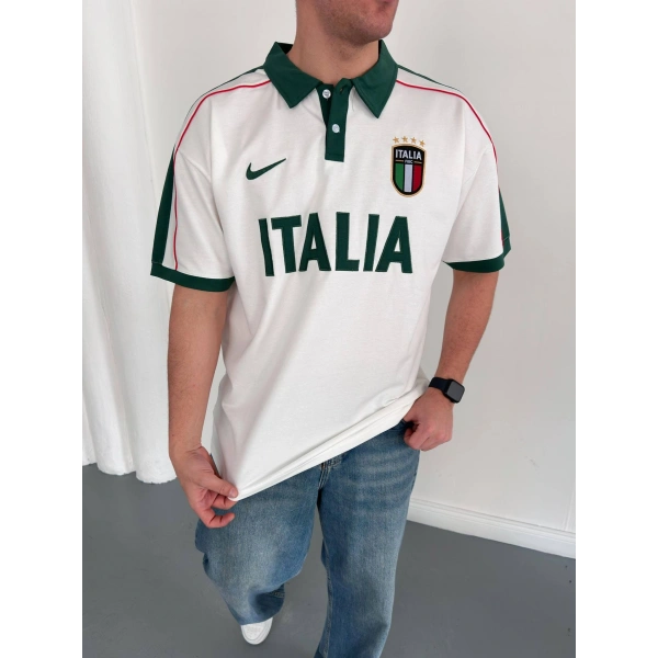 İtaly Polo Yaka Nakış Detay Tshirt Beyaz
