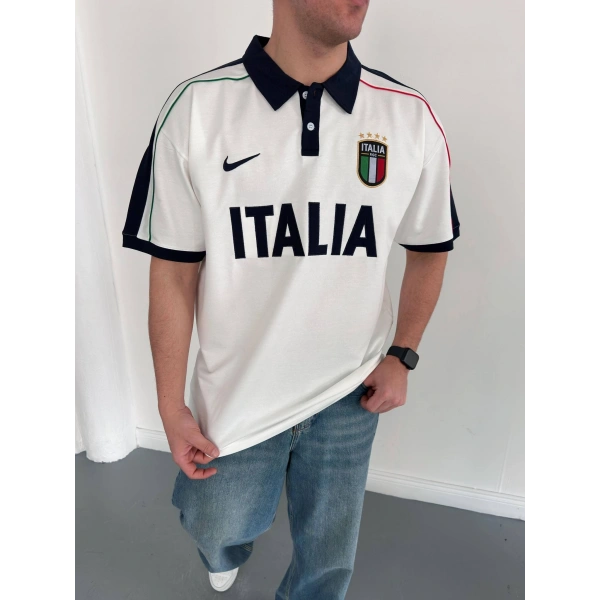 İtaly Polo Yaka Nakış Detay Tshirt Beyaz