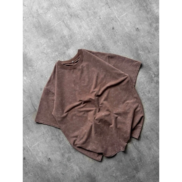 Yıkamalı Unisex Oversize Tshirt Kahverengi